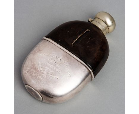 A 1900 lawn tennis Prize,in the form of a handsome & sturdy glass, leather and silver-plated hip-flask, the base engraved EVE