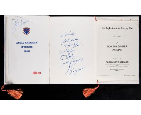 Sugar Ray Robinson and Joe Louis signed Anglo-American Sporting Club Dinner menus,the first for a dinner held in honour of Su