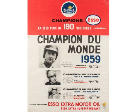 1959 French Esso Extra Motor Oil original poster, a promotional design featuring F1 World Champion Jack Brabham (Cooper), Fre