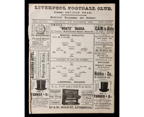 A rare and historic programme from Liverpool Football Club's very first season in 1892-93,the reserves fixture v Bootle Athle