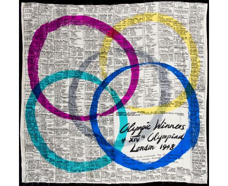 London 1948 Olympic Games ladies scarf,colour printed satinised cotton, designed and produced by Arnold Lever by courtesy of 