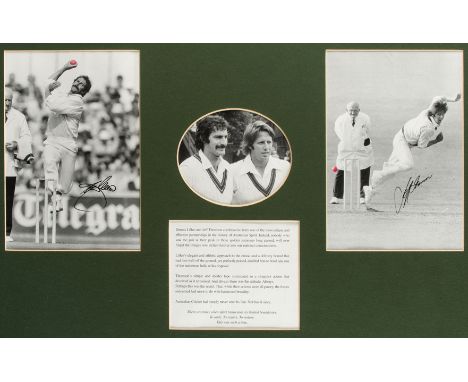 A Dennis Lillee & Jeff Thomson double-signed framed photographic presentation,a pair of 10 by 7in. b&w action photographs of 