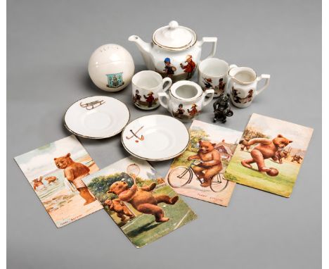 A china nurseryware tea set featuring sports,colour printed decoration of children and sporting motifs for tennis, croquet, h