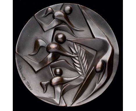 A 1964 Tokyo Olympic Games participation medal,designed by T. Okamoto and K. Tanaka, stylised three runners and a swimmer, re