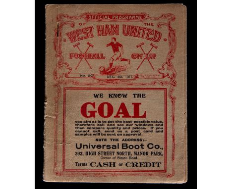 West Ham United v Crystal Palace programme 30th December 1911,first-team Southern League First Division fixture