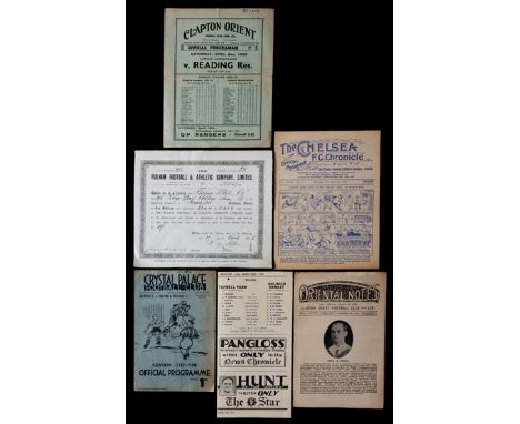 Five London clubs football programmes,Chelsea v Arsenal 21st November 1931; two Clapton Orient reserves v Brighton, South Eas