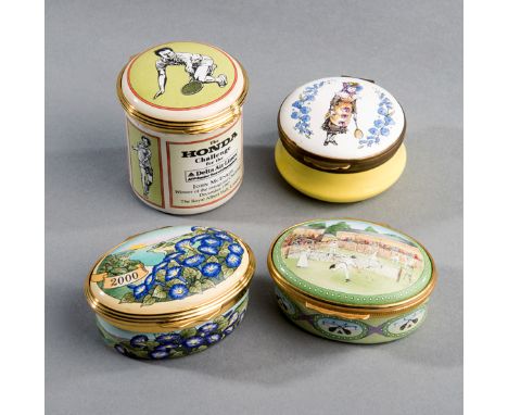 Four enamel boxes portraying tennis,three by Halcyon Days, the first with a nostalgic Wimbledon scene set in the Edwardian er