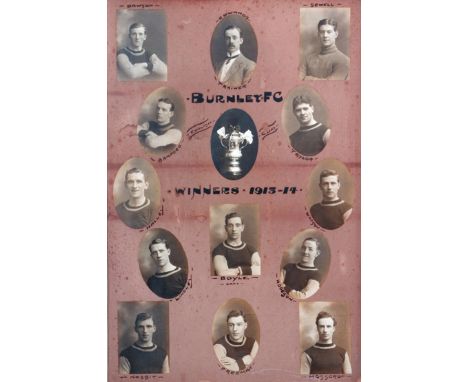 A fine framed photographic display titled 'Burnley FC English Cup Winners 1913-14',mounted with 13 photographic portraits of 