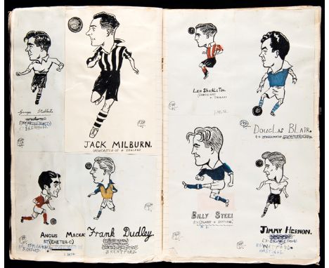 Two albums containing 430 original artist drawn caricatures of 1950s footballers,pen & ink & gouache, inscribed with the play