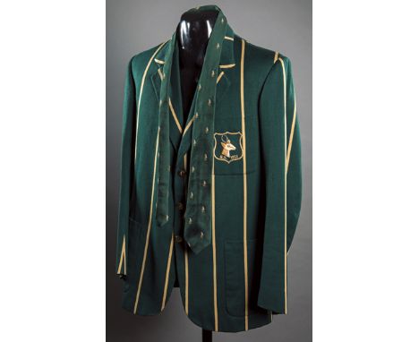 Roy McLean South Africa cricket blazer 1951,by Carr Son & Wood Ltd, London, green wool with gold pinstripes, the neck label i