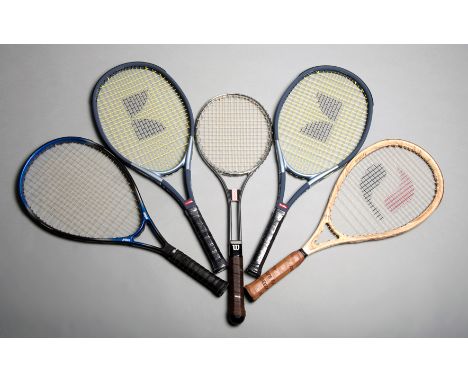 Five late 20th century tennis racquets,all in unused original condition,i) Wilson T4000 with sensor dome systemii) Wilson PRI