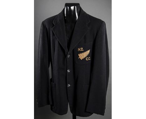 John Reid New Zealand cricket blazer,in black wool, silver silkwork fern and inscribed N.Z., C.C.John Richard Reid CNZM OBE w
