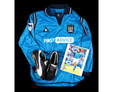 Eyal Berkovic Manchester City jersey, a pair of boots and a signed photograph,a sky blue Manchester City No.14 match-issued P