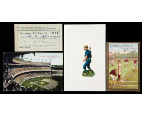 Baseball ephemera circa 1905,postcard of the National League Baseball Park, New York; Victorian scrap of a pitcher; decorativ