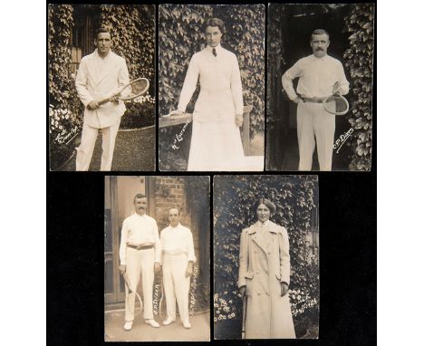Five postcards with portraits of tennis players circa 1912,three with publisher's details for Edwin Trim & Co., Wimbledon, su