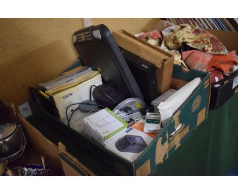 A Box Containing Various Electronics to Include Mini Router, Step Down Voltage Converter, Wireless Adapter, DVD Player etc 
