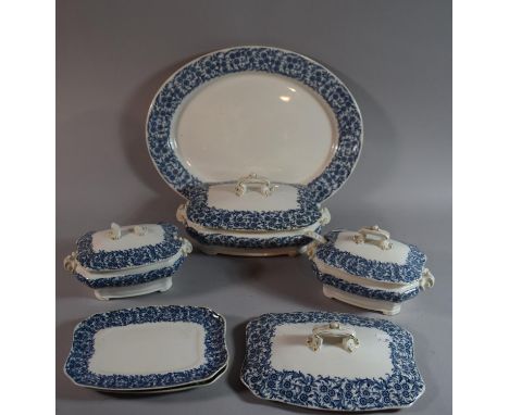A Box Containing Edwardian Blue and White Dinnerwares to Include Oval Meat Plates, Sauce Tureen, Ladle etc 