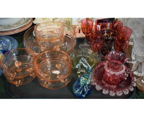 A Tray of Coloured Glassware to Include Overlaid Ruby Glass Vase, Cranberry Glass Bowl, Jug and Seven Sherries, Amber Glass F