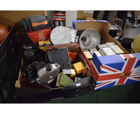 A Box Containing Vintage 35mm Cameras, 8mm Cine Cameras, Photoflood Light Bulbs etc 