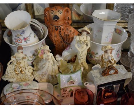 A Tray of Ceramics to Include Figral Ornaments, Coalport Crocked Cottage, Novelty Teapot, Wedgwood Avebury Vase, Pair of Coal