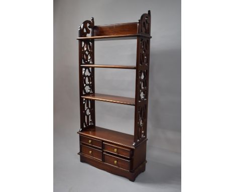 A Reproduction Mahogany Four Shelf Wall Hanging Whatnot with Four Drawers to Base and Pierced Supports, Galleried Top, 51cm W