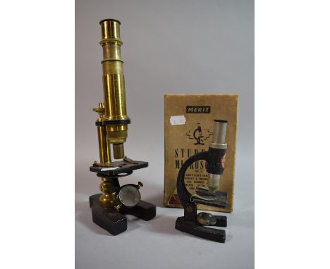 A Late 19th/Early 20th Century Brass Microscope Together with a Mid 20th Century Merit Students Microscope in Original Box wi