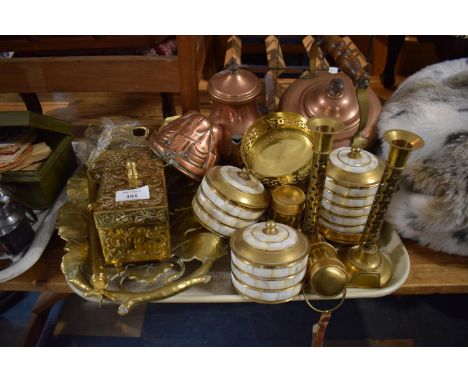 A Tray Containing Various Brass and Copper Items to Include Kettle, Teapot, Jelly Mould, Boxes Candlestick, Leaf Tray etc 