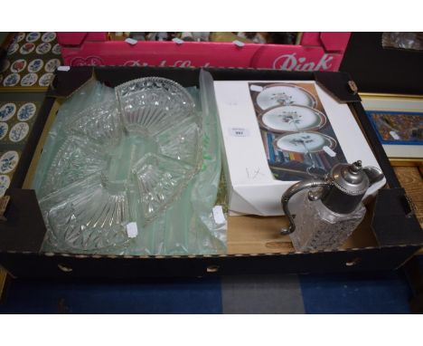 A Box Containing Three Tier Ceramic Cake Stand, Small Mask Head Claret Jug and Glass Hors d'Oeuvres dish 