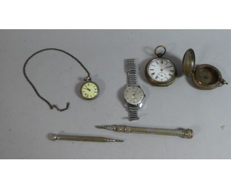 A Collection of Two Pocket Watches, One Wrist Watches, Pocket Compass and Two Silver Plated Pencils 