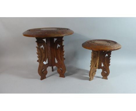 Two Brass Inlaid Indian Circular Tripod Tables with Hinged Pierced Supports, 31cm and 23cm Diameter 