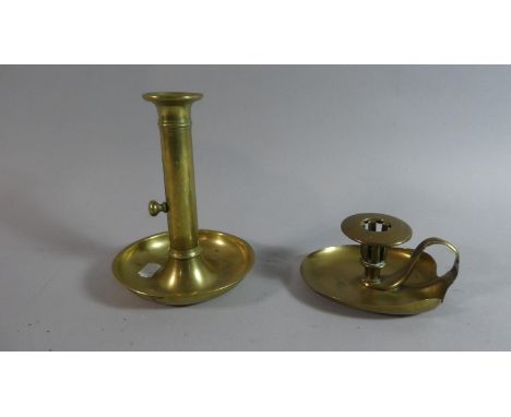 A Brass Bed Chamber Stick and a Georgian Style Brass Candlestick, the Latter 16.5cm high 