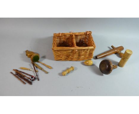 A Miniature Two Division Basket Containing Wooden Barrel Tap, Tools, Table Top Pin Cushion, Lace Bobbins and Cylindrical Need