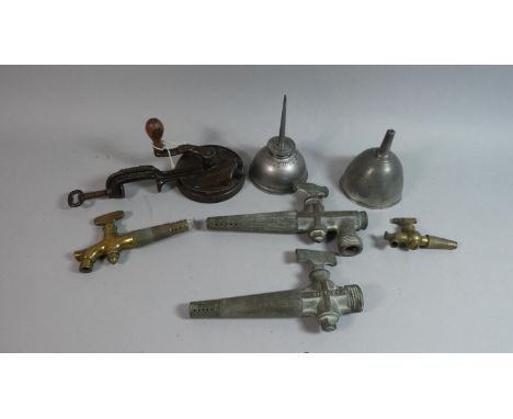 A Vintage Spong Bean Slicer, Singer Sewing Machine Oil Can, Pewter Wine Funnel, Four Barrel Taps etc 