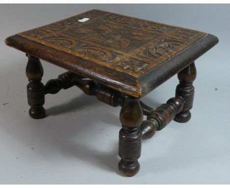 A Small Oak Rectangular Stool with Carved Top and Turned Supports and Stretchers, 30.5cm x 24.5cm 