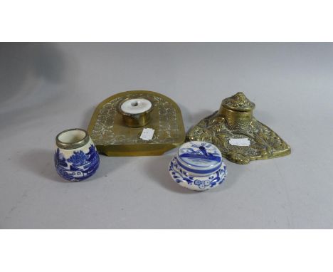 Two Brass Inkwells and Two Blue and White Ceramic Examples, 