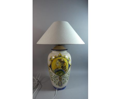 A Large Faience Style Ceramic Table Lamp of Vase Form, 50cm High Complete with Shade 