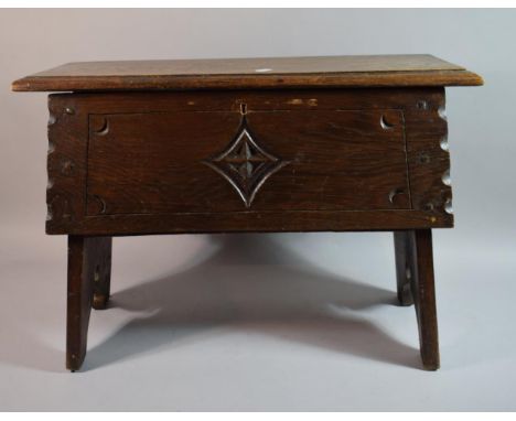 An Early 20th Century Oak Box Stool with Carved Lozenge Decoration to Front, 60cm Wide 