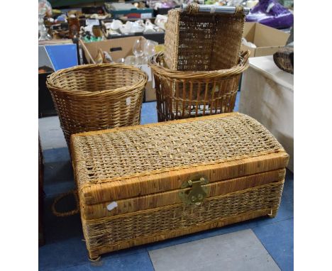 Two Vintage Wicker Waste Bins, Dome Top Box and a Wicker Basket 