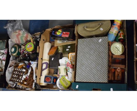 Three Boxes Containing Sundries to Include Souvenir Thimbles, Sewing Cottons and Accessories, Vintage Tins, Cutlery, Baromete