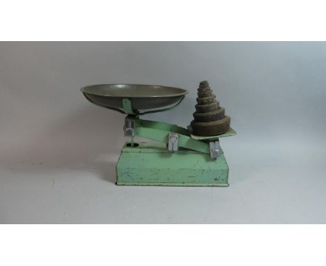 A Vintage Pair of Tin Plate Kitchen Scales with Weights, 25cm Wide 