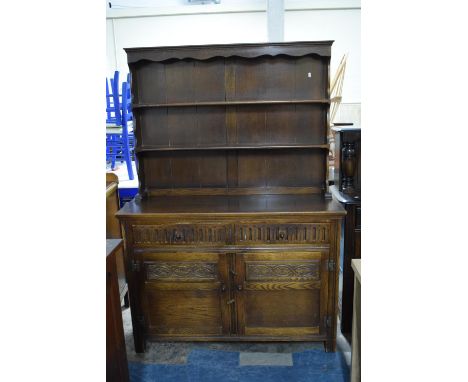 A Mid 20th Century Oak Dresser with Two Drawers Over Cupboard Base and Raised Two Shelf Plate Rack , 122cm Wide 