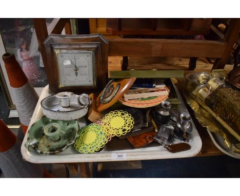 A Tray Containing Curios to Include Bed Chamber Sticks, Beer Mats, Cash Tin, Cutlery, Barometer etc 