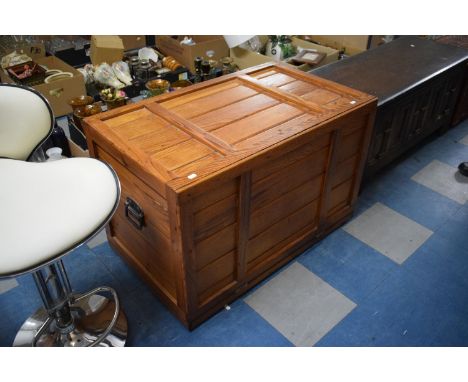 A Pine Carpenters Tool Box with Pull Down Front and Two Inner Drawers, Iron Carrying Handles, 93cm wide 