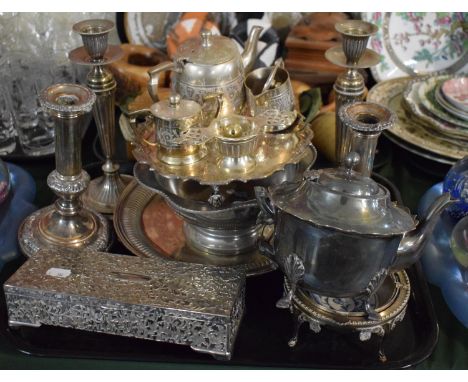 A Tray Containing Various Silver Plated Items to Include Candle Sticks, Teapot, Jewellery Box, Teaservice, Card Tray, Salver 