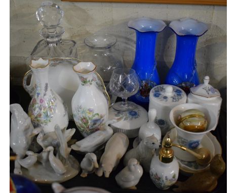 A Tray Containing Various Nao and Other Bird and Animal Ornaments, Aynsley Wild Tudor Vases, Wedgwood Clementine Boxes, Glass