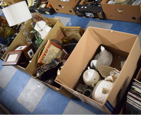 Three Boxes Containing Sundries to Include Ceramics, Glass Hen Crock, Table Lamp, Mantle Clock, Ornaments, Pictures and Print