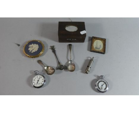 A Tray of Curios to Include Two Pocket Watches, Tea Caddy Spoon, Ladies Powder Compact, Whistle, Treen Box etc 