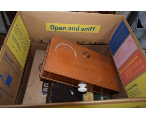 BOX OF MIXED ITEMS TO INCLUDE PLAYING CARDS, CIGARETTE LIGHTERS, WOODEN CANDLESTICK, TRAVELLING BEAM SCALES ETC