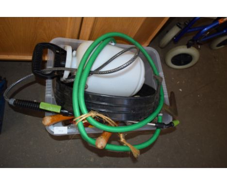 BOX OF VARIOUS MIXED GARDEN TOOLS, WEED SPRAYER ETC