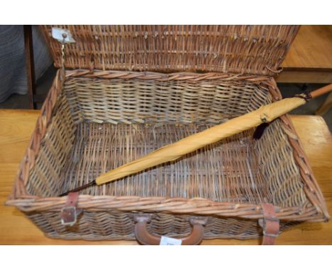WICKER PICNIC HAMPER AND A VINTAGE UMBRELLA